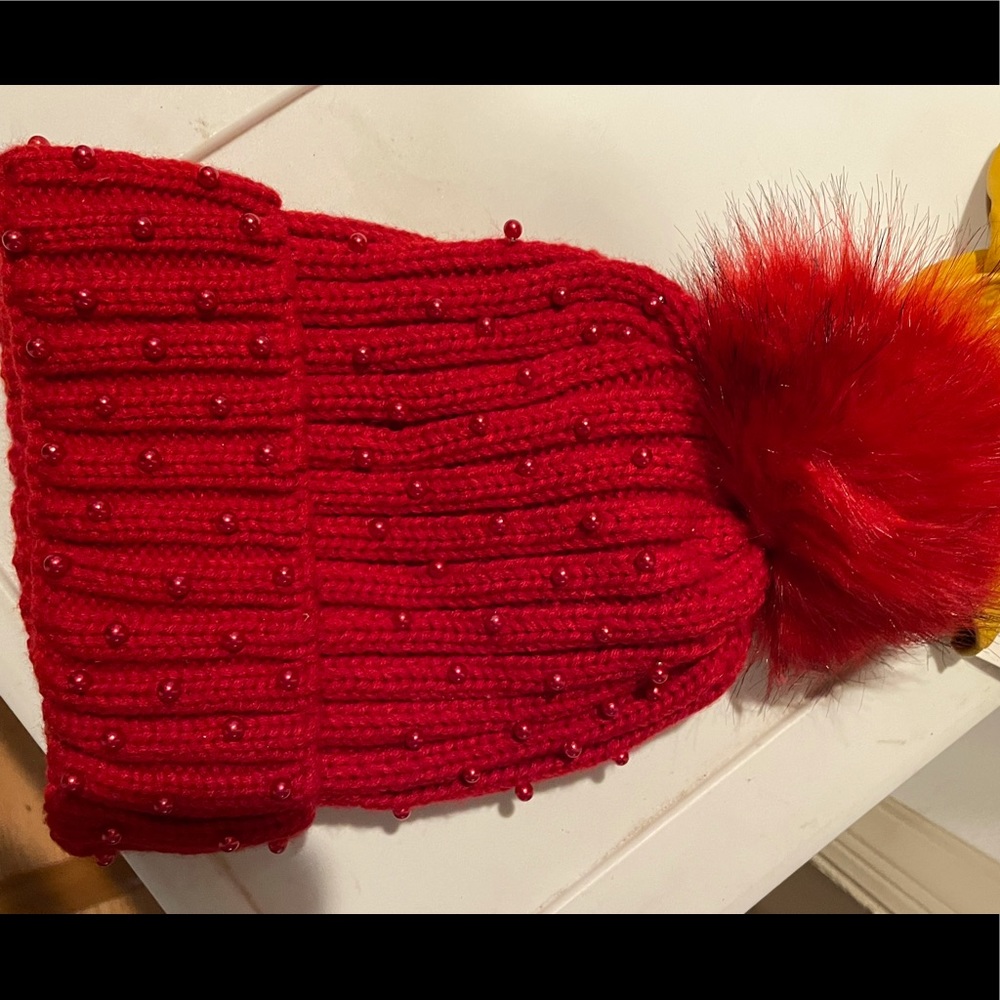 Red beaded pom pom beanie hat